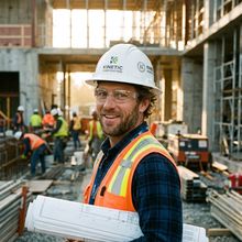 A site engineer with drawings on a build