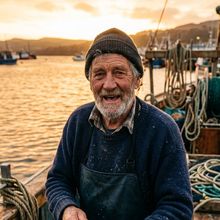 A fisherman on the harbour at sunrise