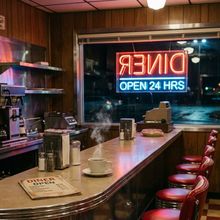 An empty diner counter at night
