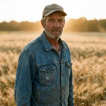 A farmer in a wheat field at dusk