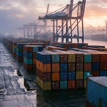 A container terminal at dawn